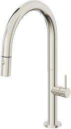 California Faucets Poetto Llave de Cocina Extraible Contemporanea con Rociador de Boton - Pico Bajo en Arco - Níquel Pulido