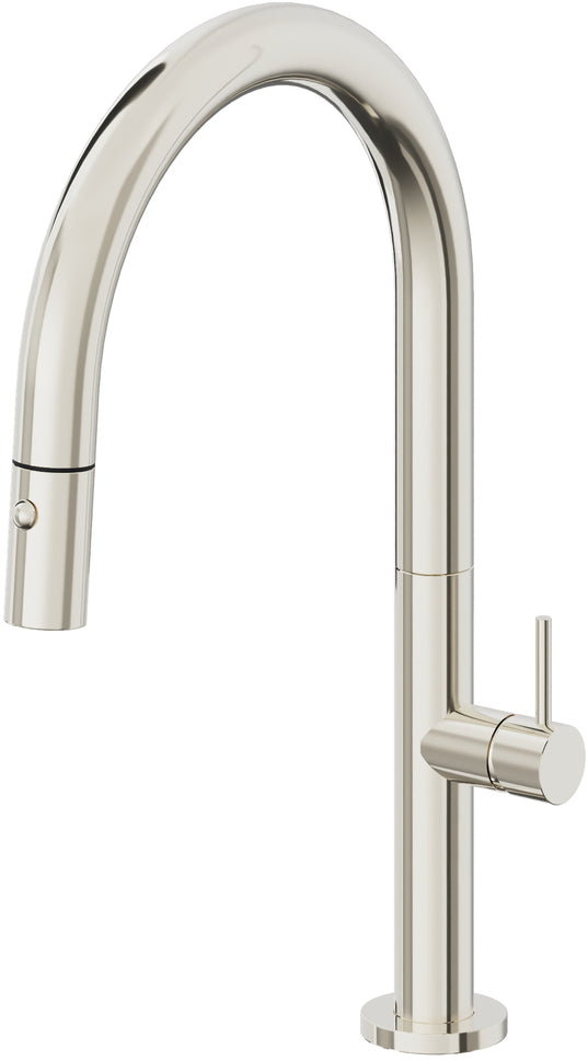 California Faucets Poetto Llave de Cocina Extraible Contemporanea con Rociador de Boton - Pico Bajo en Arco - Níquel Pulido
