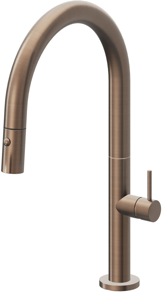 California Faucets Poetto Llave de Cocina Extraible Contemporanea con Rociador de Boton - Pico Bajo en Arco - Bronce Satinado