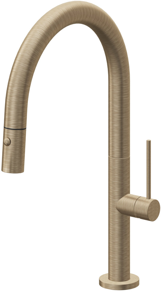 California Faucets Poetto Llave de Cocina Extraible Contemporanea con Rociador de Boton - Pico Bajo en Arco - Latón Antiguo Mate