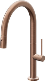 California Faucets Poetto Llave de Cocina Extraible Contemporanea con Rociador de Boton - Pico Bajo en Arco - Cobre Antiguo Mate