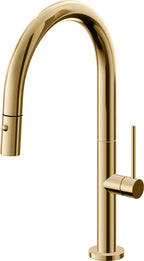 California Faucets Poetto Llave de Cocina Extraible Contemporanea con Rociador de Boton - Pico Bajo en Arco - Oro Francés