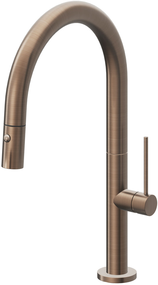 California Faucets Poetto Llave de Cocina Extraible Contemporanea con Rociador de Boton - Pico Bajo en Arco - Bronce Satinado