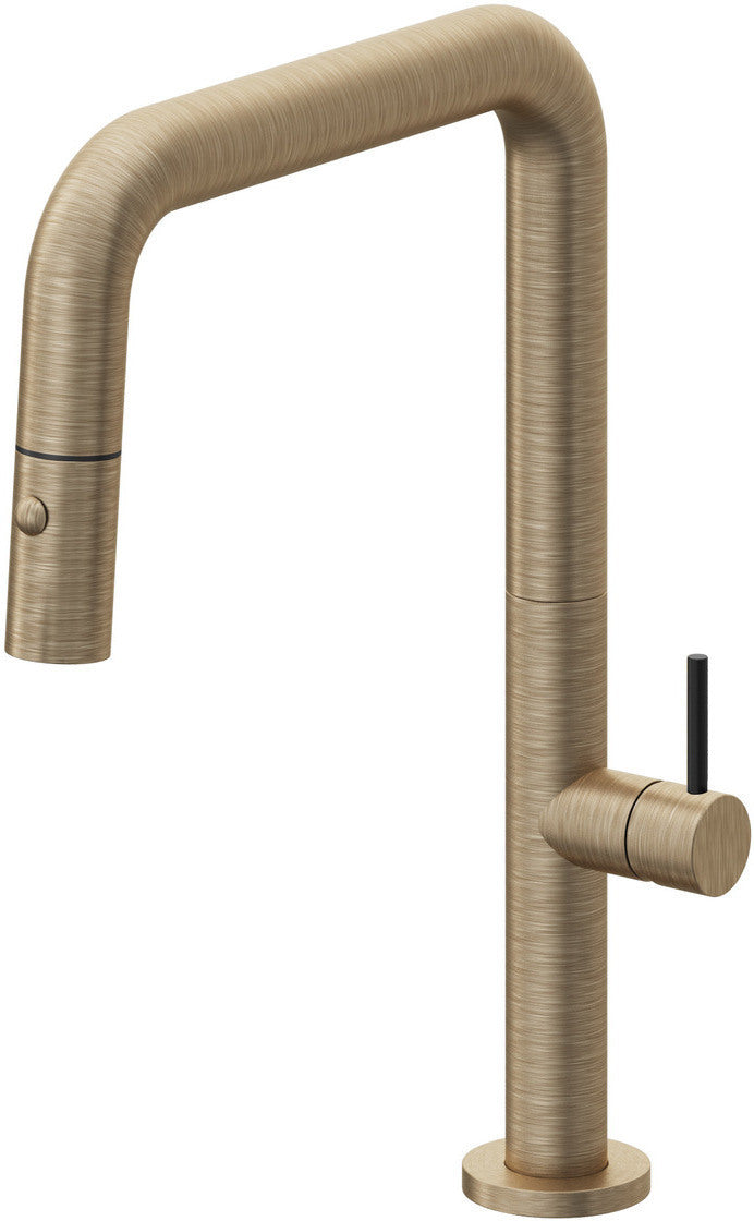 California Faucets Poetto Llave de Cocina Extraible Contemporanea con Rociador de Boton - Pico Cuadruple - Latón Antiguo Mate