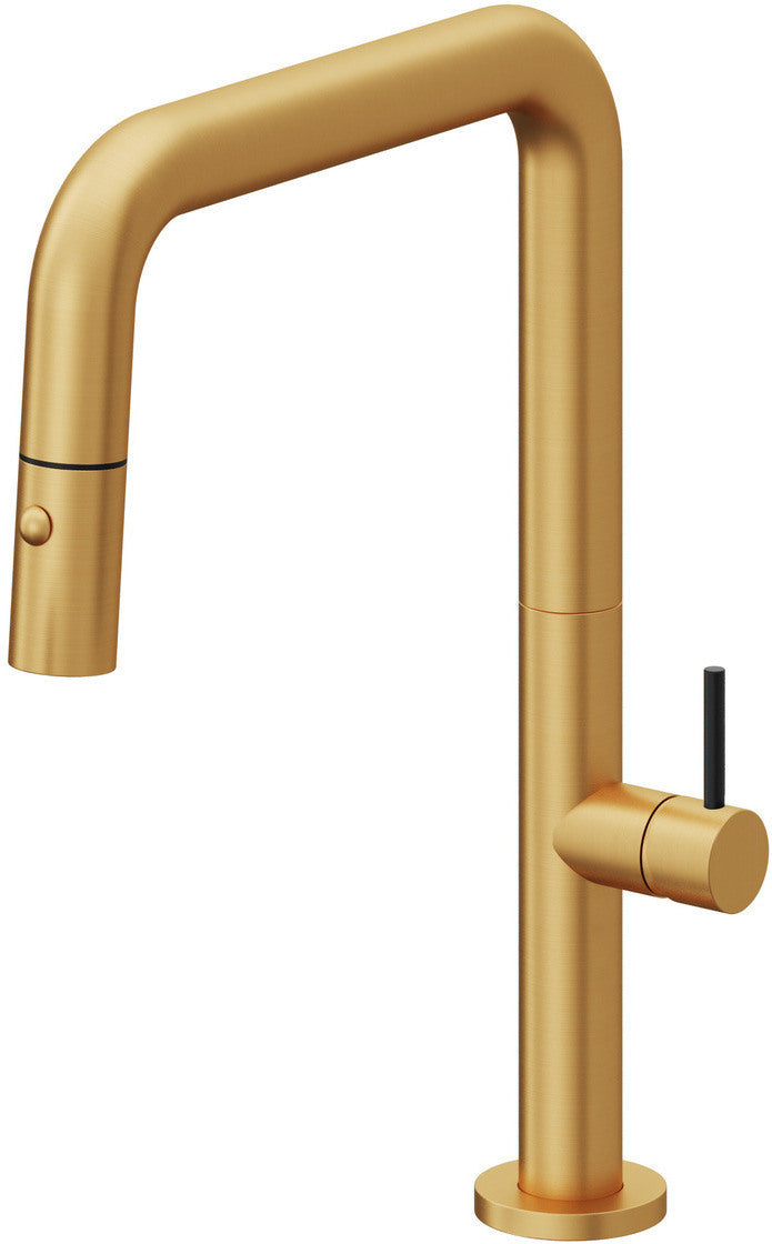 California Faucets Poetto Llave de Cocina Extraible Contemporanea con Rociador de Boton - Pico Cuadruple - Oro Satinado de por Vida
