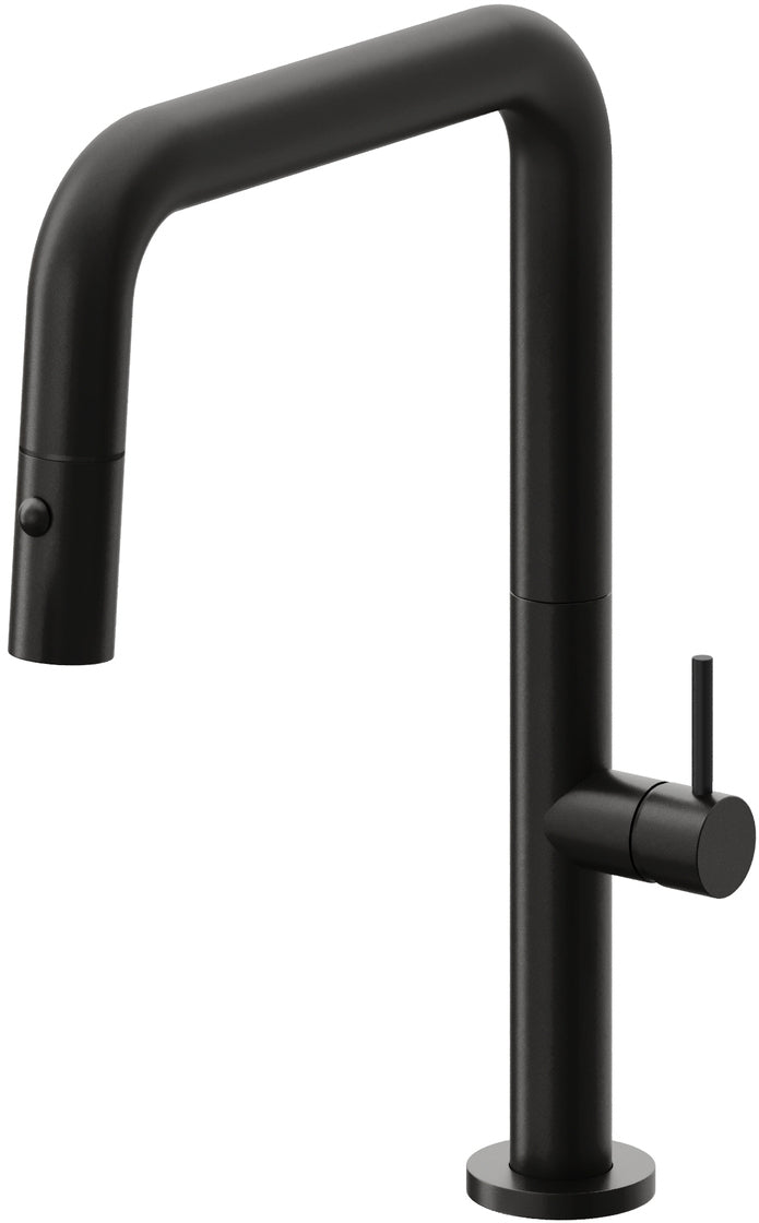 California Faucets Poetto Llave de Cocina Extraible Contemporanea con Rociador de Boton - Pico Cuadruple - Negro Mate
