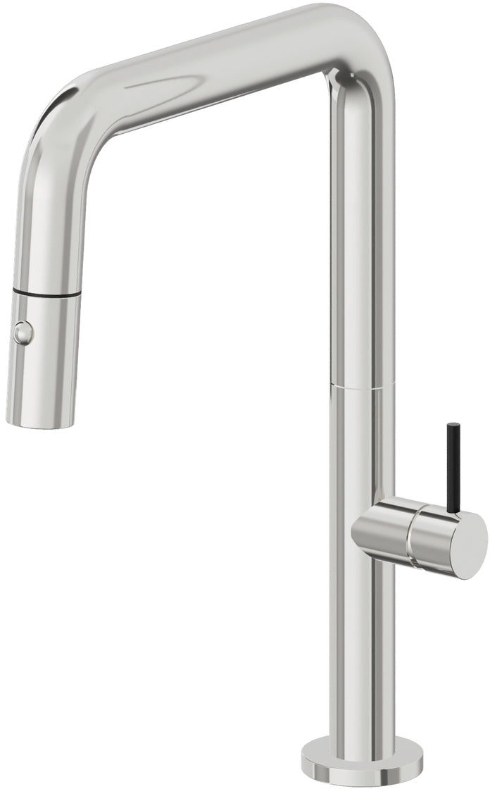 California Faucets Poetto Llave de Cocina Extraible Contemporanea con Rociador de Boton - Pico Cuadruple - Cromo Pulido