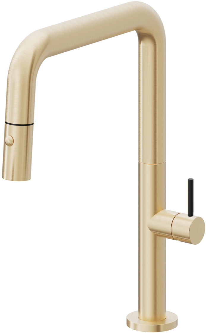 California Faucets Poetto Llave de Cocina Extraible Contemporanea con Rociador de Boton - Pico Cuadruple - Latón Satinado