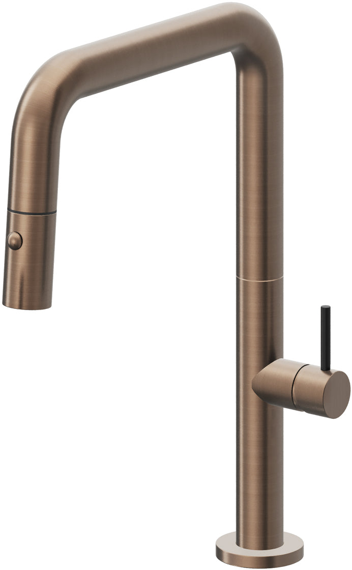 California Faucets Poetto Llave de Cocina Extraible Contemporanea con Rociador de Boton - Pico Cuadruple - Bronce Satinado