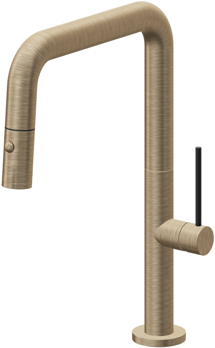California Faucets Poetto Llave de Cocina Extraible Contemporanea con Rociador de Boton - Pico Cuadruple - Latón Antiguo Mate