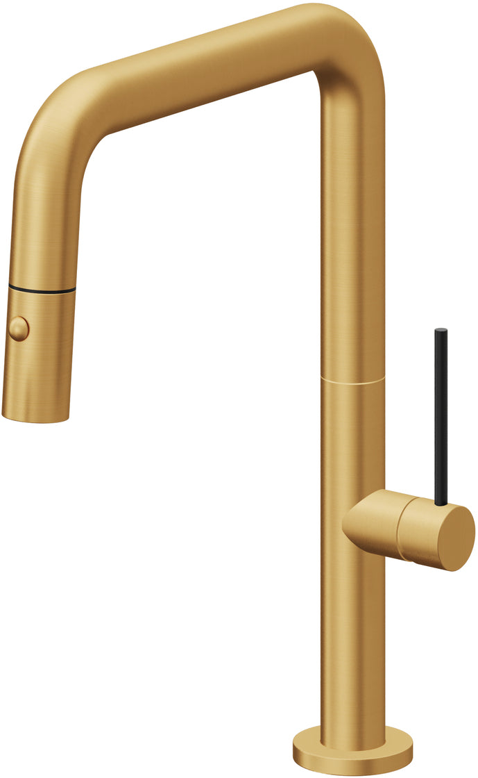 California Faucets Poetto Llave de Cocina Extraible Contemporanea con Rociador de Boton - Pico Cuadruple - Oro Satinado de por Vida