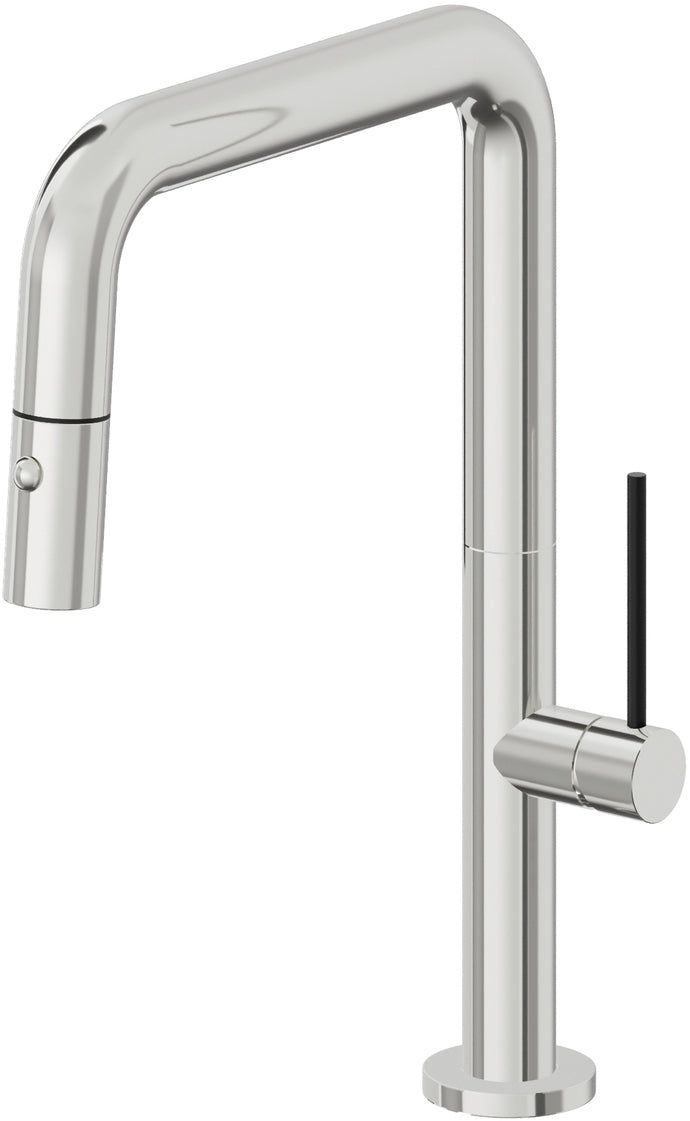 California Faucets Poetto Llave de Cocina Extraible Contemporanea con Rociador de Boton - Pico Cuadruple - Cromo Pulido