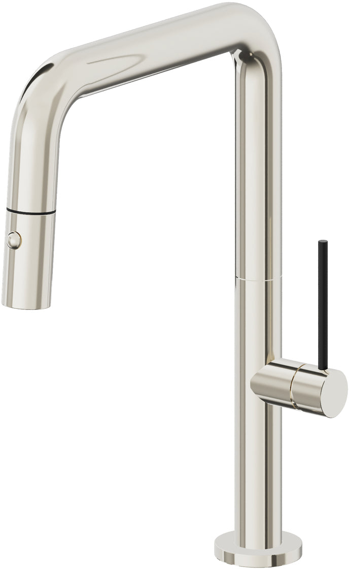 California Faucets Poetto Llave de Cocina Extraible Contemporanea con Rociador de Boton - Pico Cuadruple - Níquel Pulido