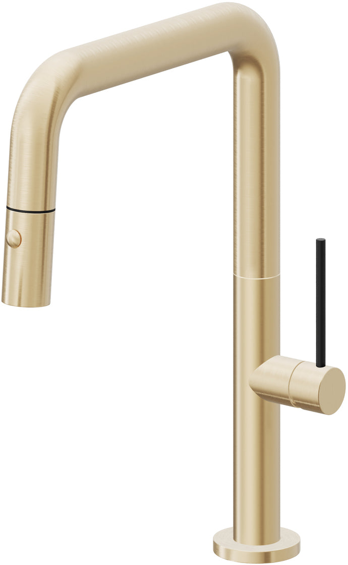 California Faucets Poetto Llave de Cocina Extraible Contemporanea con Rociador de Boton - Pico Cuadruple - Latón Satinado