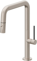 California Faucets Poetto Llave de Cocina Extraible Contemporanea con Rociador de Boton - Pico Cuadruple - Níquel Satinado