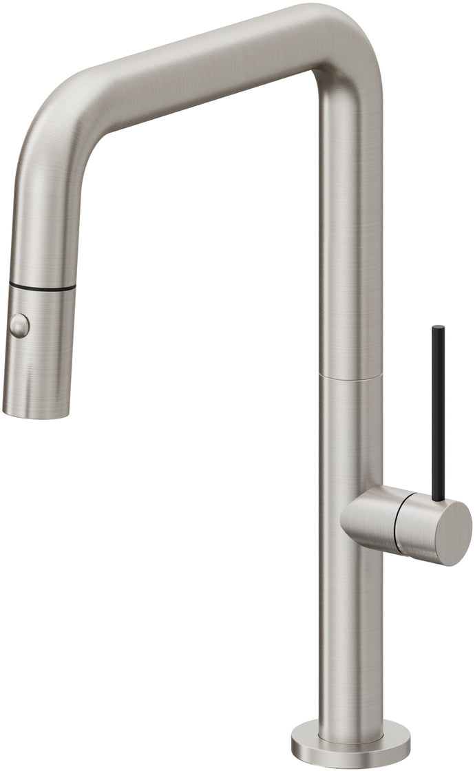 California Faucets Poetto Llave de Cocina Extraible Contemporanea con Rociador de Boton - Pico Cuadruple - Acero Inoxidable Ultra