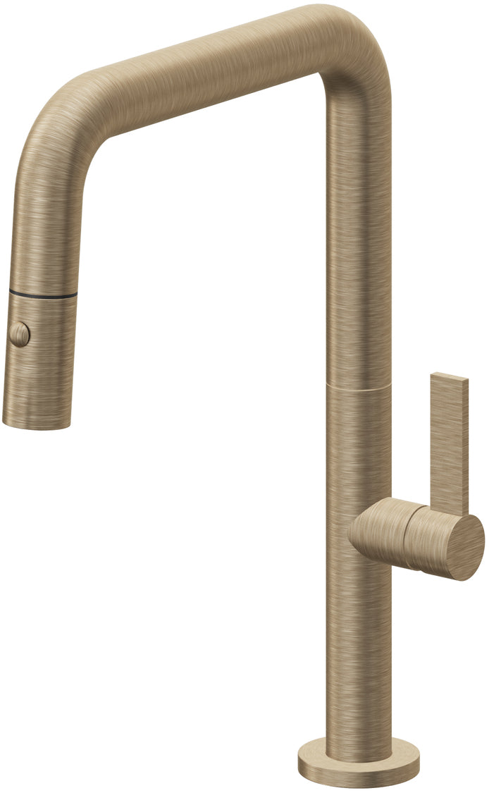 California Faucets Poetto Llave de Cocina Extraible Contemporanea con Rociador de Boton - Pico Cuadruple - Latón Antiguo Mate
