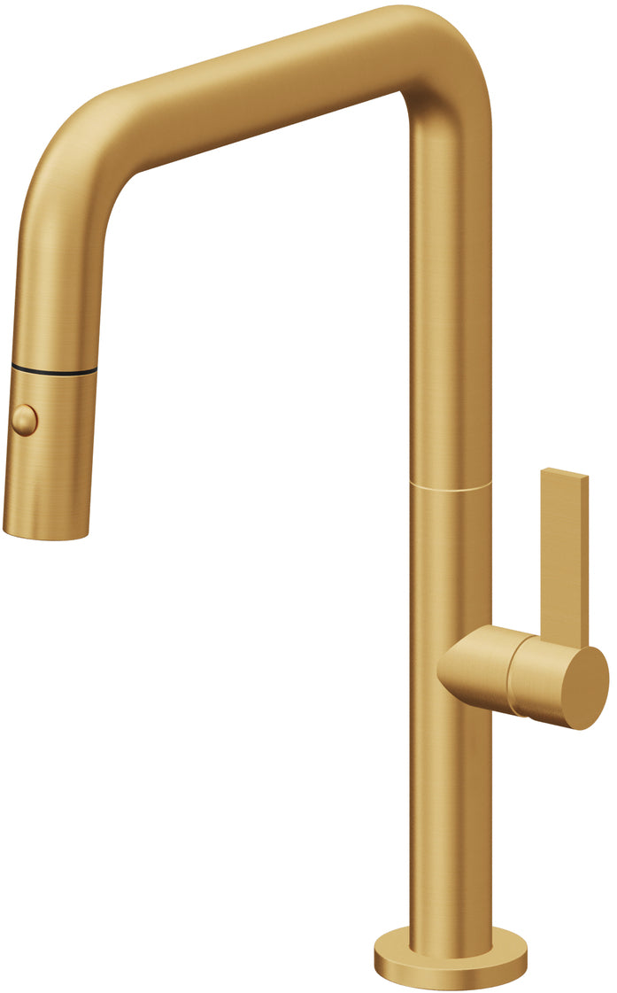 California Faucets Poetto Llave de Cocina Extraible Contemporanea con Rociador de Boton - Pico Cuadruple - Oro Satinado de por Vida