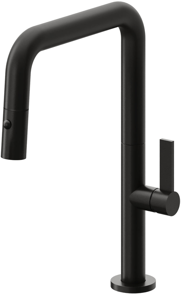 California Faucets Poetto Llave de Cocina Extraible Contemporanea con Rociador de Boton - Pico Cuadruple - Negro Mate