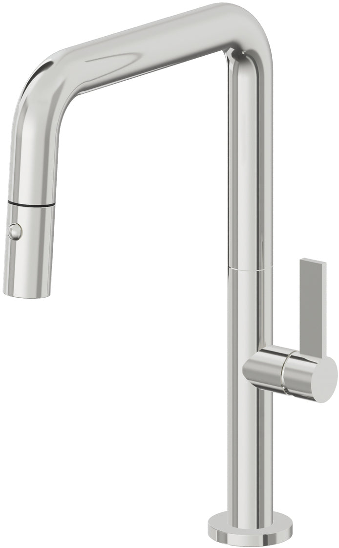 California Faucets Poetto Llave de Cocina Extraible Contemporanea con Rociador de Boton - Pico Cuadruple - Cromo Pulido