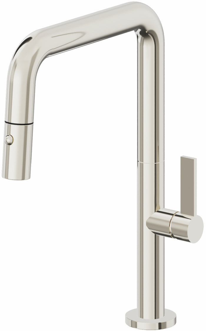 California Faucets Poetto Llave de Cocina Extraible Contemporanea con Rociador de Boton - Pico Cuadruple - Níquel Pulido