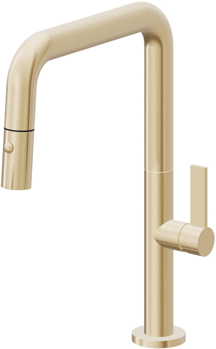 California Faucets Poetto Llave de Cocina Extraible Contemporanea con Rociador de Boton - Pico Cuadruple - Latón Satinado
