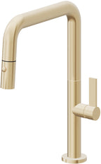 California Faucets Poetto Llave de Cocina Extraible Contemporanea con Rociador de Boton - Pico Cuadruple - Latón Satinado
