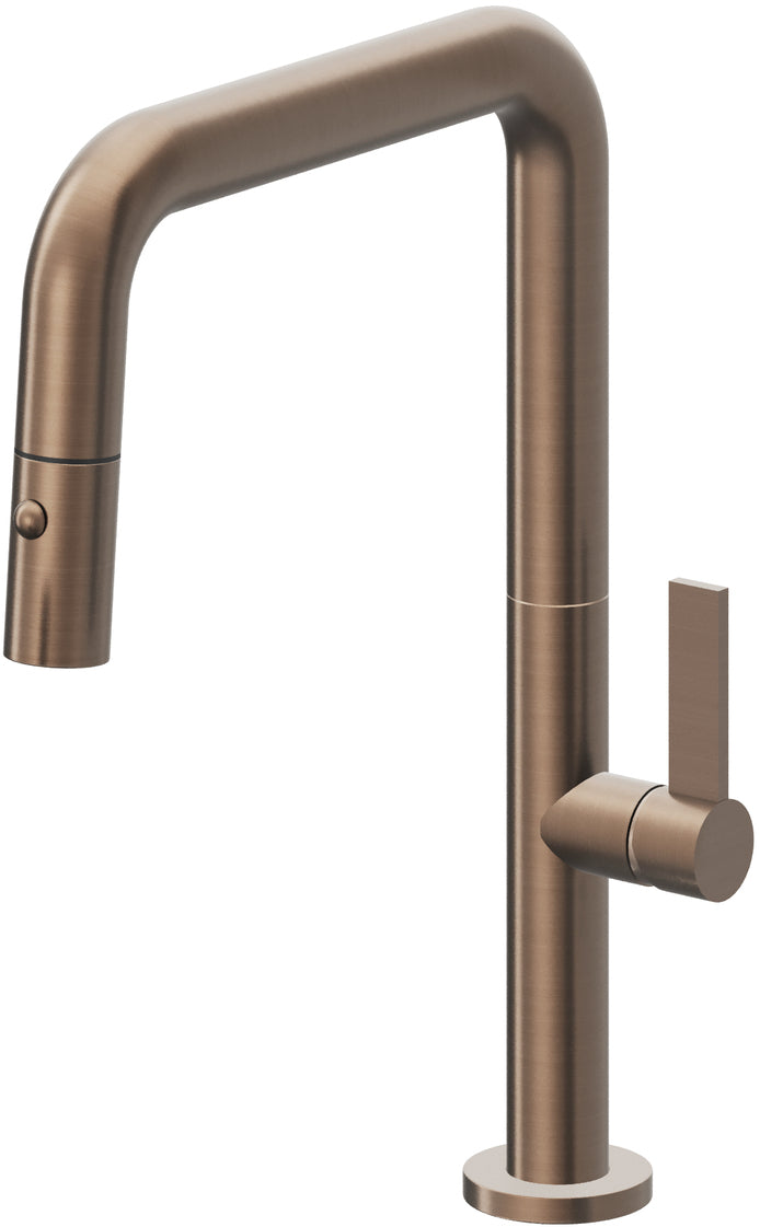 California Faucets Poetto Llave de Cocina Extraible Contemporanea con Rociador de Boton - Pico Cuadruple - Bronce Satinado