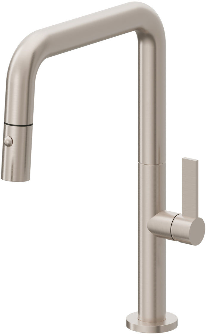 California Faucets Poetto Llave de Cocina Extraible Contemporanea con Rociador de Boton - Pico Cuadruple - Níquel Satinado