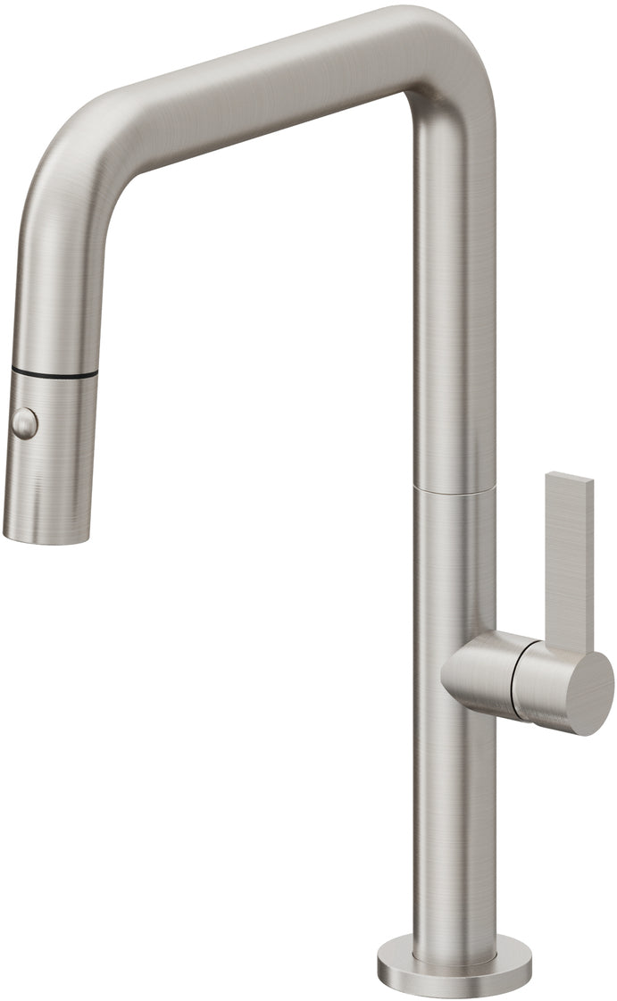 California Faucets Poetto Llave de Cocina Extraible Contemporanea con Rociador de Boton - Pico Cuadruple - Acero Inoxidable Ultra