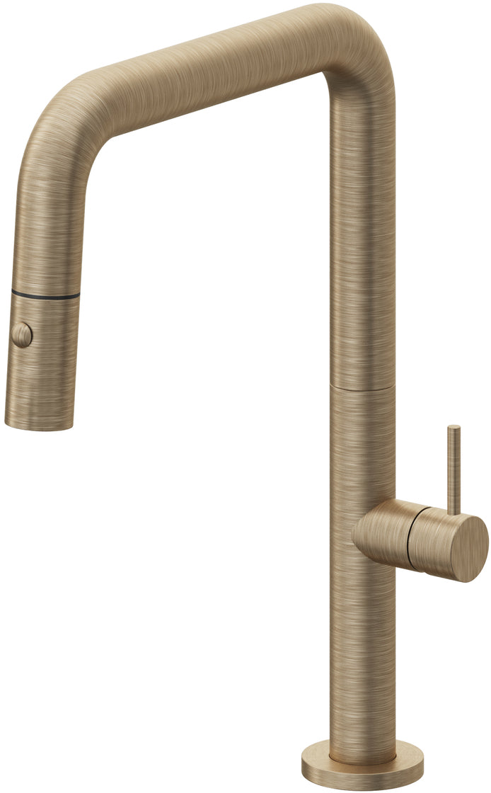 California Faucets Poetto Llave de Cocina Extraible Contemporanea con Rociador de Boton - Pico Cuadruple - Latón Antiguo Mate