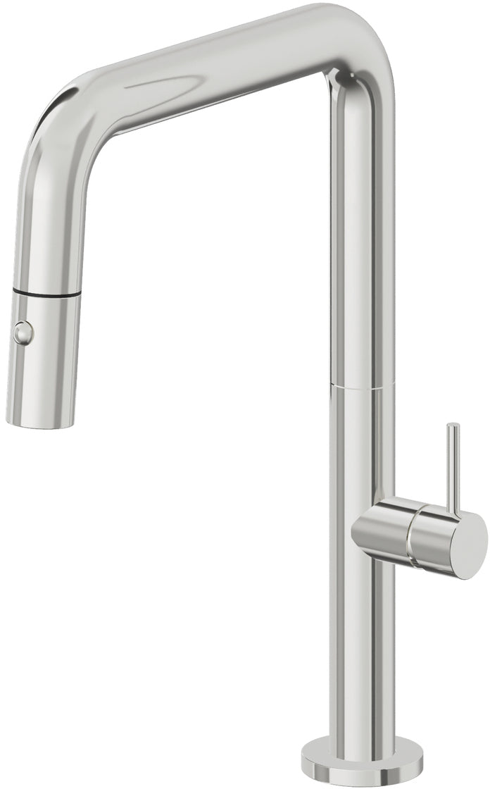 California Faucets Poetto Llave de Cocina Extraible Contemporanea con Rociador de Boton - Pico Cuadruple - Cromo Pulido