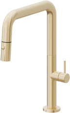 California Faucets Poetto Llave de Cocina Extraible Contemporanea con Rociador de Boton - Pico Cuadruple - Latón Satinado