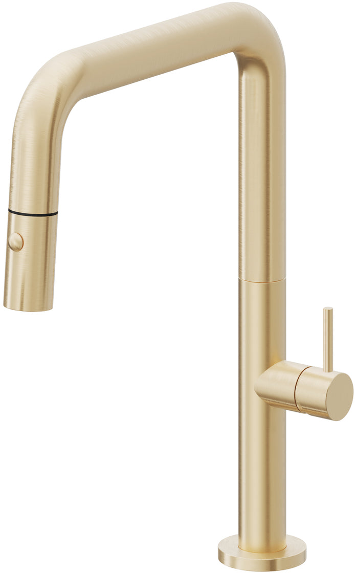 California Faucets Poetto Llave de Cocina Extraible Contemporanea con Rociador de Boton - Pico Cuadruple - Latón Satinado