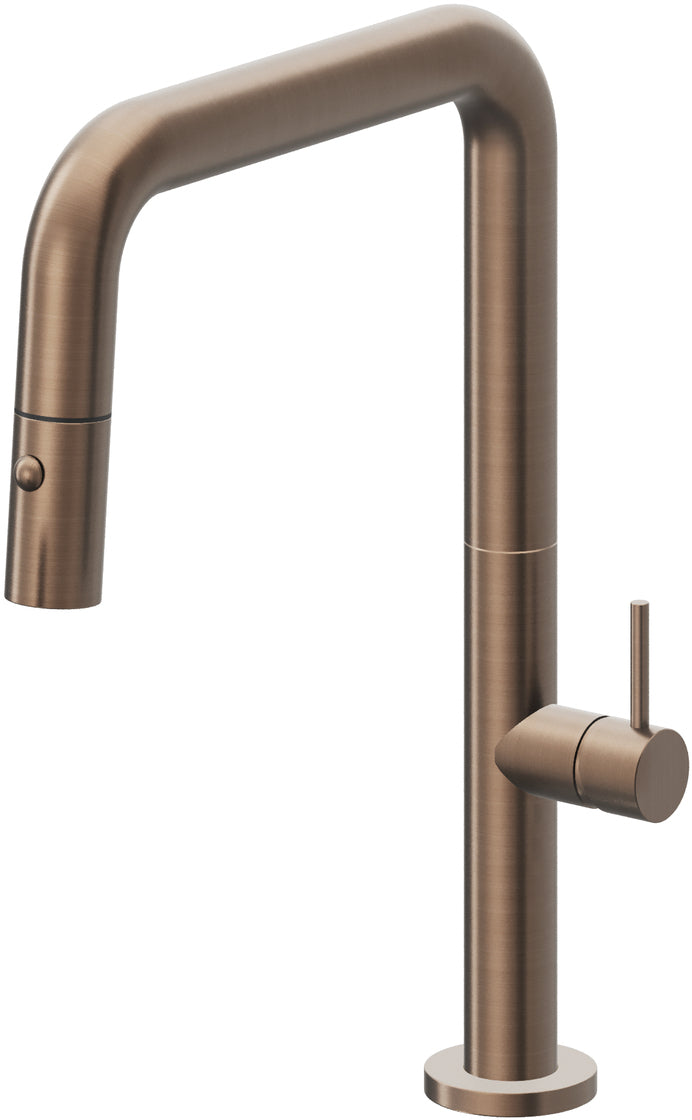 California Faucets Poetto Llave de Cocina Extraible Contemporanea con Rociador de Boton - Pico Cuadruple - Bronce Satinado