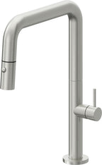 California Faucets Poetto Llave de Cocina Extraible Contemporanea con Rociador de Boton - Pico Cuadruple - Cromo Satinado