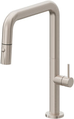 California Faucets Poetto Llave de Cocina Extraible Contemporanea con Rociador de Boton - Pico Cuadruple - Níquel Satinado