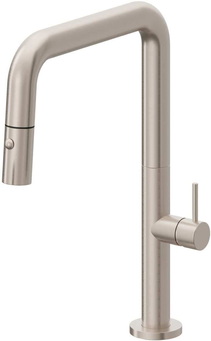 California Faucets Poetto Llave de Cocina Extraible Contemporanea con Rociador de Boton - Pico Cuadruple - Níquel Satinado