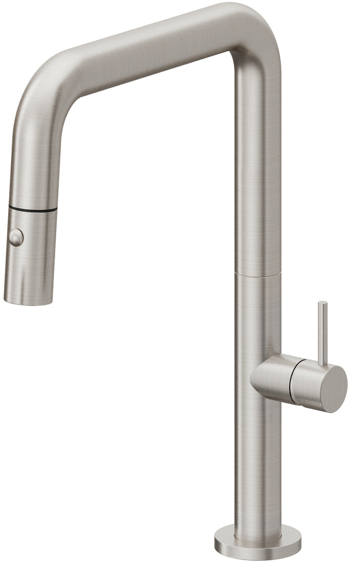 California Faucets Poetto Llave de Cocina Extraible Contemporanea con Rociador de Boton - Pico Cuadruple - Acero Inoxidable Ultra