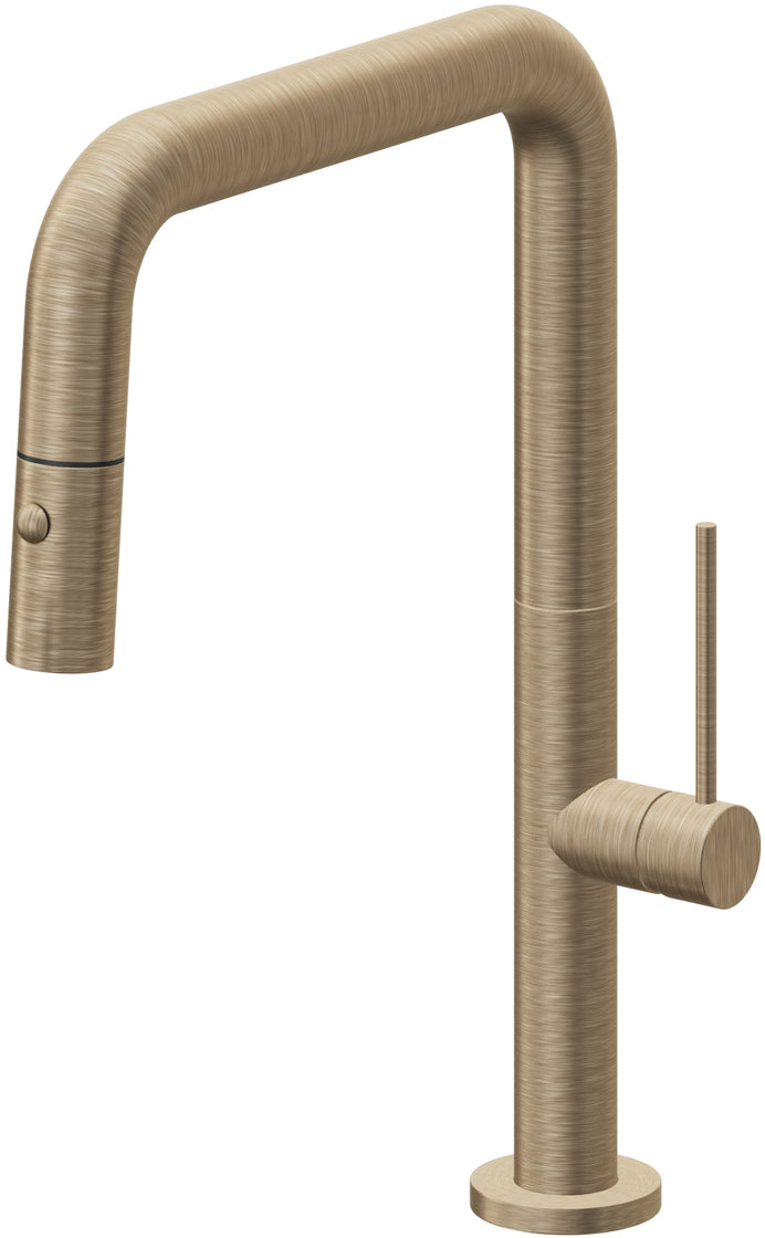 California Faucets Poetto Llave de Cocina Extraible Contemporanea con Rociador de Boton - Pico Cuadruple - Latón Antiguo Mate