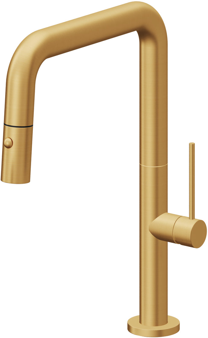 California Faucets Poetto Llave de Cocina Extraible Contemporanea con Rociador de Boton - Pico Cuadruple - Oro Satinado de por Vida