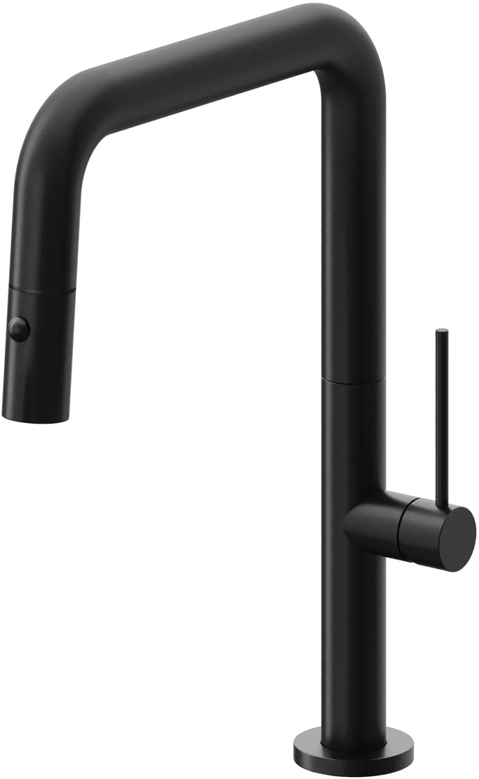 California Faucets Poetto Llave de Cocina Extraible Contemporanea con Rociador de Boton - Pico Cuadruple - Negro Mate