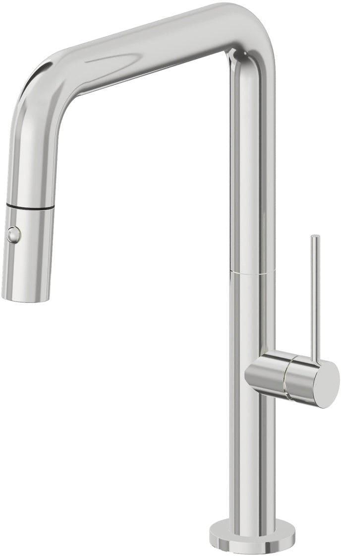 California Faucets Poetto Llave de Cocina Extraible Contemporanea con Rociador de Boton - Pico Cuadruple - Cromo Pulido