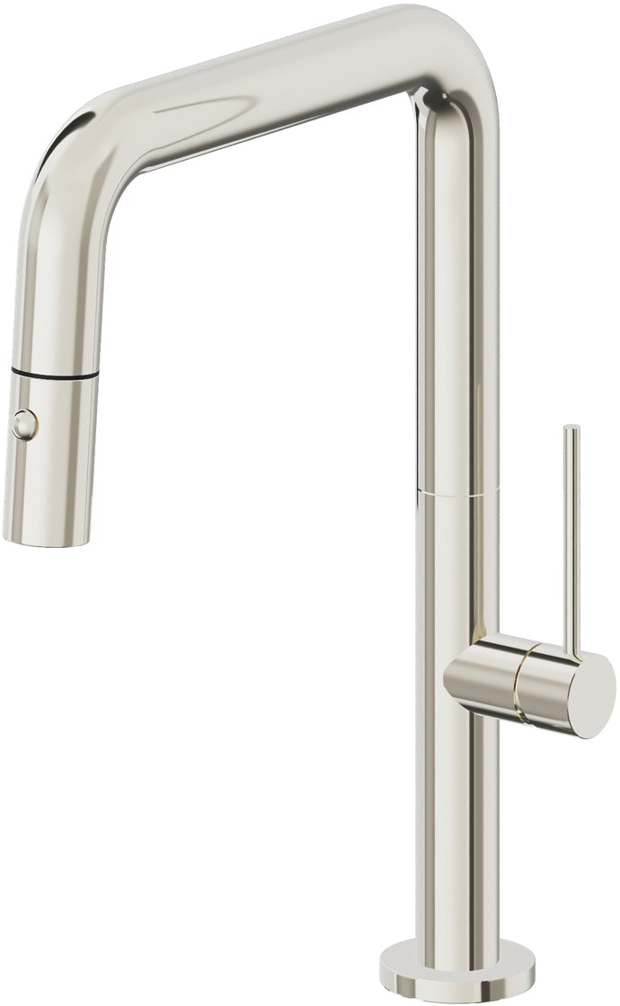 California Faucets Poetto Llave de Cocina Extraible Contemporanea con Rociador de Boton - Pico Cuadruple - Níquel Pulido