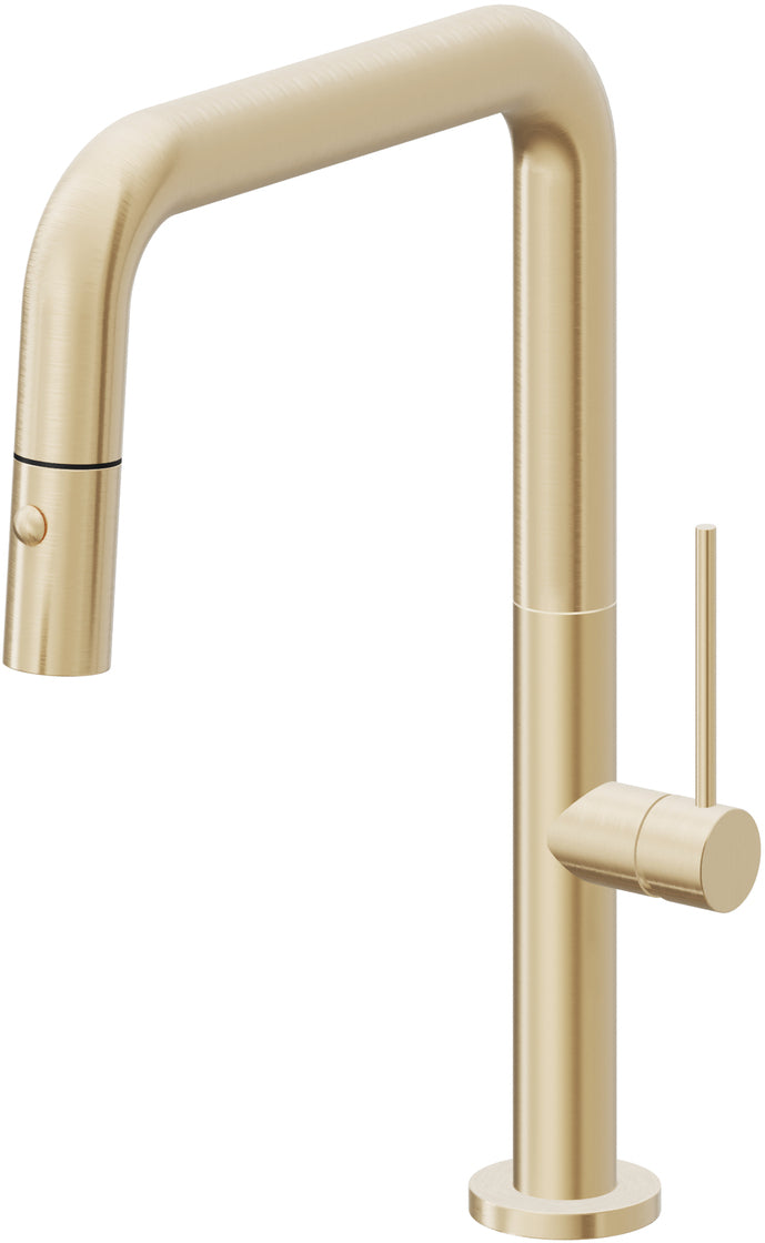 California Faucets Poetto Llave de Cocina Extraible Contemporanea con Rociador de Boton - Pico Cuadruple - Latón Satinado
