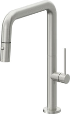 California Faucets Poetto Llave de Cocina Extraible Contemporanea con Rociador de Boton - Pico Cuadruple - Cromo Satinado