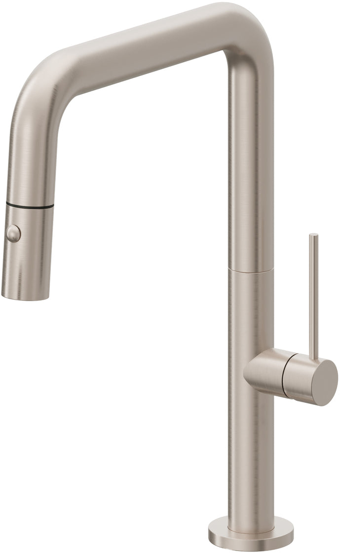 California Faucets Poetto Llave de Cocina Extraible Contemporanea con Rociador de Boton - Pico Cuadruple - Níquel Satinado