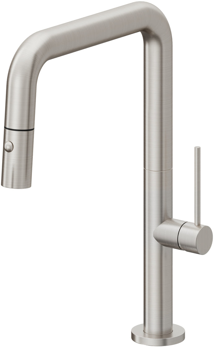 California Faucets Poetto Llave de Cocina Extraible Contemporanea con Rociador de Boton - Pico Cuadruple - Acero Inoxidable Ultra