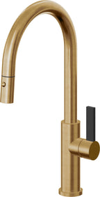 California Faucets Corsano Llave de Cocina Extraible Contemporanea con Rociador de Boton - Pico Alto en Arco - Latón Bruñido
