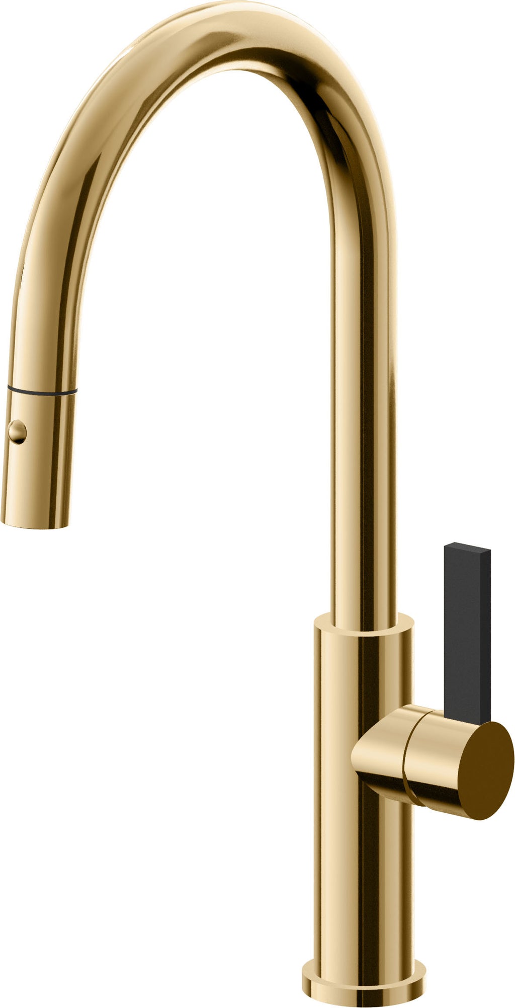 California Faucets Corsano Llave de Cocina Extraible Contemporanea con Rociador de Boton - Pico Alto en Arco - Oro Francés